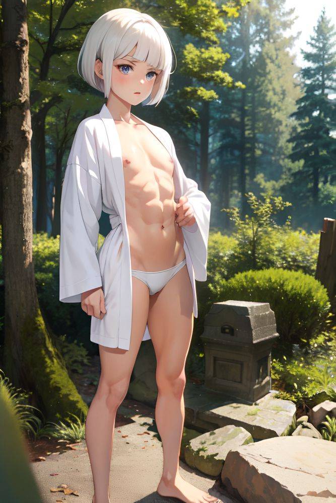 Anime Muscular Small Tits 40s Age Shocked Face White Hair Bobcut Hair Style Light Skin Soft Anime Forest Close Up View Bending Over Bathrobe 3672486950694350150 - AI Hentai - #main