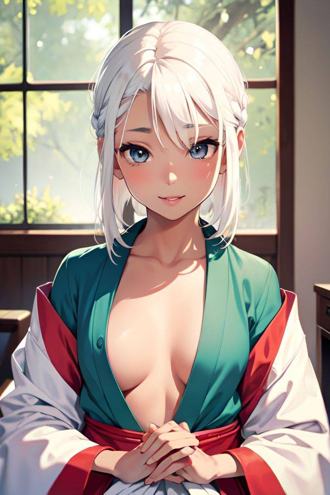 Anime Skinny Small Tits 20s Age Happy Face White Hair Slicked Hair Style Dark Skin Soft + Warm Bedroom Front View Yoga Kimono 3672544933184346445 - AI Hentai - #main