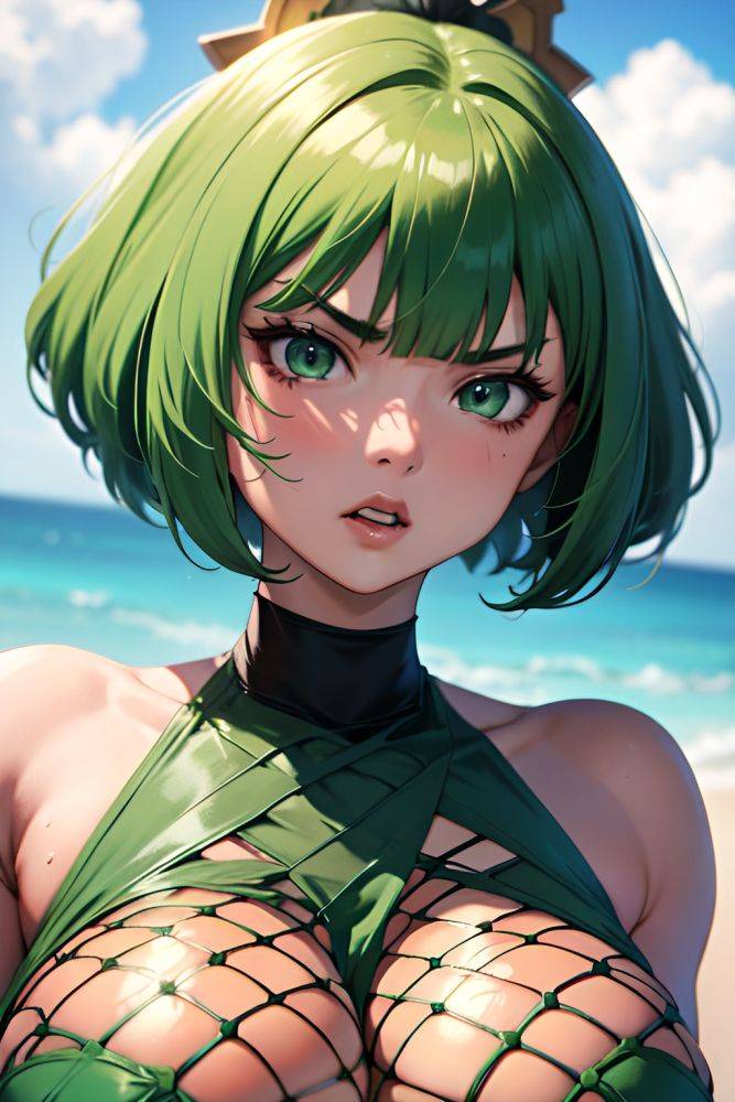 Anime Muscular Huge Boobs 18 Age Angry Face Green Hair Bobcut Hair Style Light Skin Film Photo Desert Close Up View Bathing Fishnet 3672599049773138385 - AI Hentai - #main
