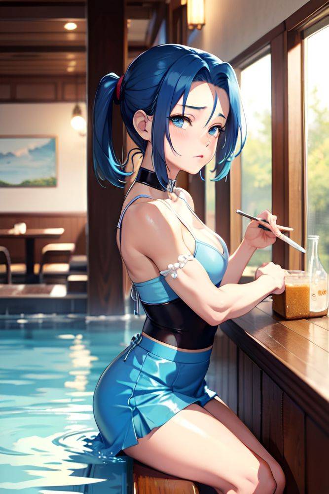 Anime Muscular Small Tits 20s Age Sad Face Blue Hair Slicked Hair Style Light Skin Soft + Warm Restaurant Side View Bathing Mini Skirt 3672699552049346864 - AI Hentai - #main