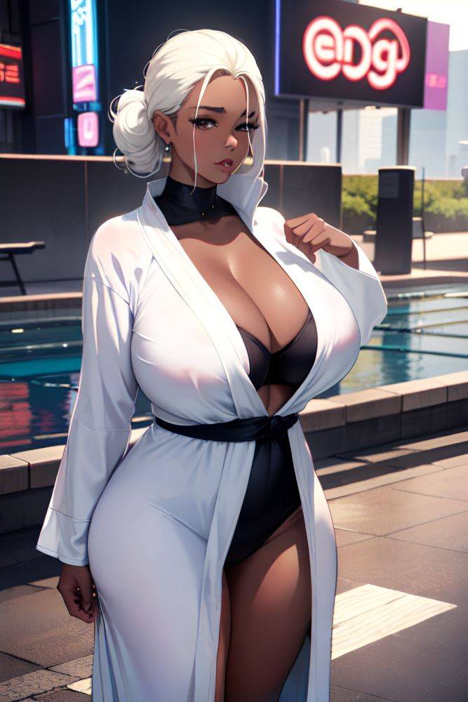 Anime Chubby Huge Boobs 70s Age Pouting Lips Face White Hair Slicked Hair Style Dark Skin Cyberpunk Pool Side View T Pose Bathrobe 3672900556033788486 - AI Hentai - #main