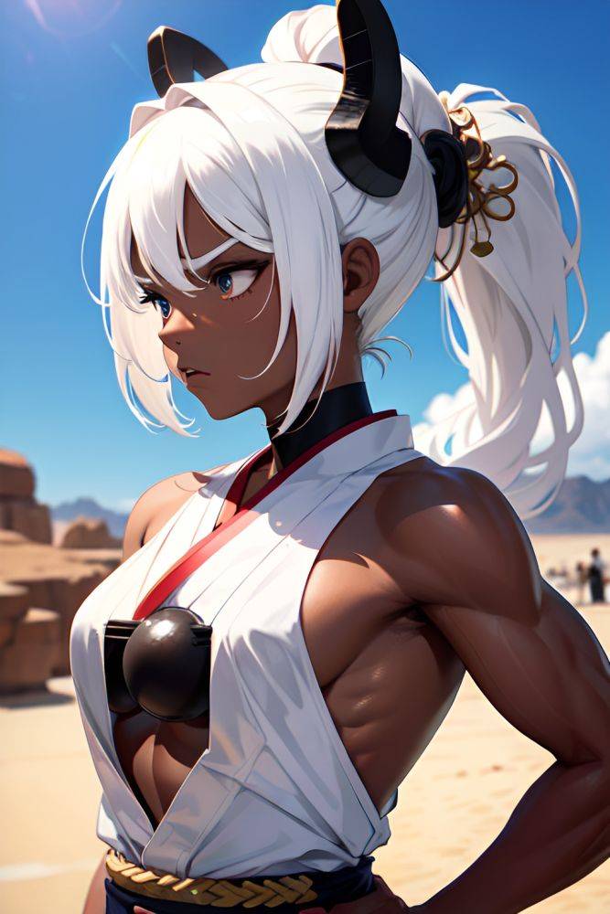 Anime Muscular Small Tits 80s Age Serious Face White Hair Ponytail Hair Style Dark Skin Black And White Desert Side View T Pose Geisha 3673035847952596469 - AI Hentai - #main
