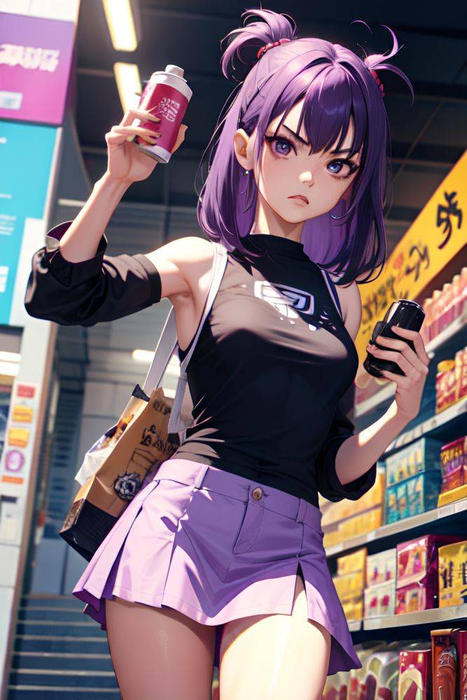 Anime Skinny Small Tits 70s Age Angry Face Purple Hair Messy Hair Style Light Skin Cyberpunk Grocery Close Up View Eating Mini Skirt 3673236851977350762 - AI Hentai - #main