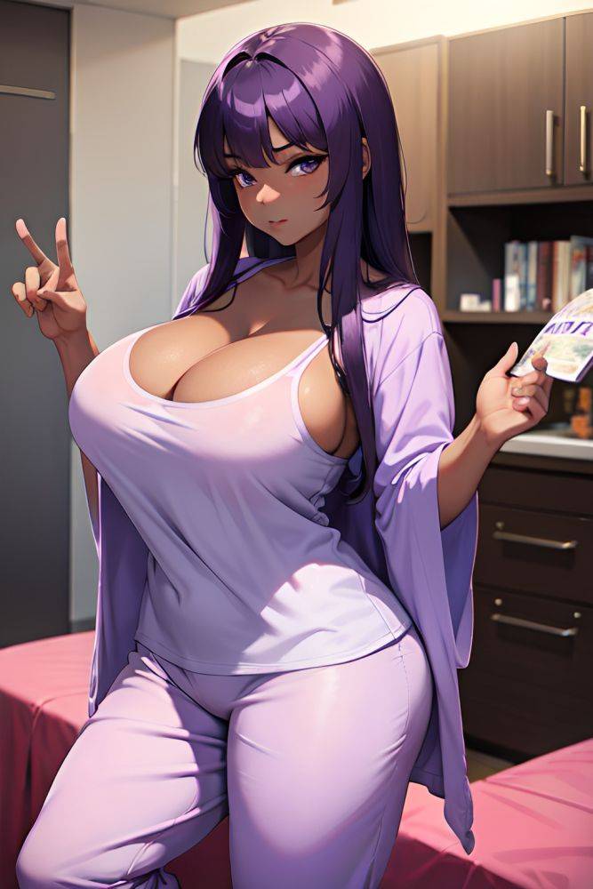 Anime Busty Huge Boobs 40s Age Sad Face Purple Hair Bangs Hair Style Dark Skin Charcoal Party Front View On Back Pajamas 3673267776212938601 - AI Hentai - #main