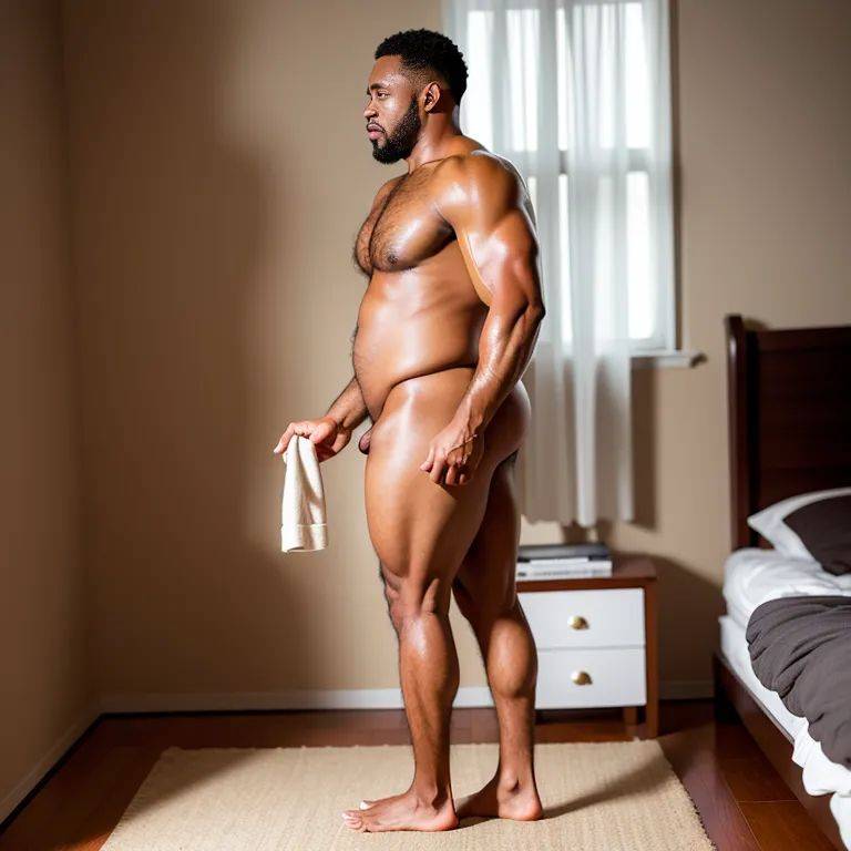 black people, ,manly man,thirties,(RAW photo, best quality, masterpiece:1.1), (realistic, photo-realistic:1.2), ultra-detailed, ultra high res, physically-based rendering,fat,nude,standing,night,bedroom,from side,full body,(adult:1.5) - #main