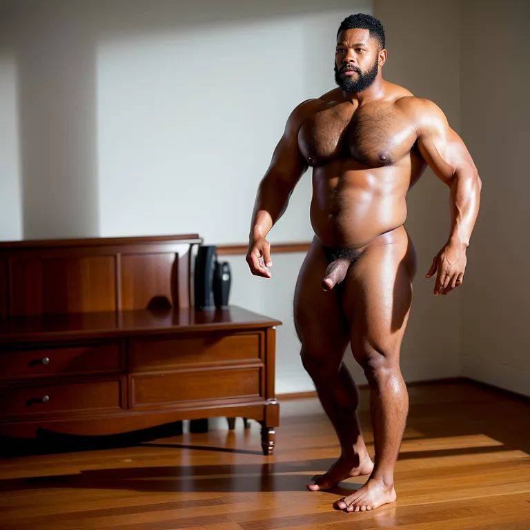 black people, ,manly man,thirties,(RAW photo, best quality, masterpiece:1.1), (realistic, photo-realistic:1.2), ultra-detailed, ultra high res, physically-based rendering,fat,nude,standing,bedroom,from side,full body,(adult:1.5) - #main