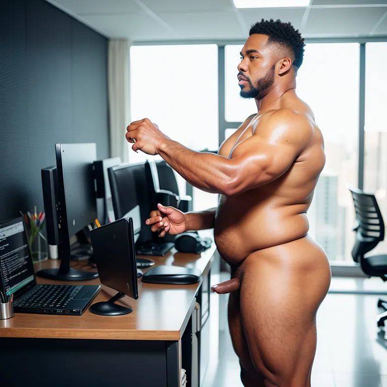 black people, ,manly man,thirties,(RAW photo, best quality, masterpiece:1.1), (realistic, photo-realistic:1.2), ultra-detailed, ultra high res, physically-based rendering,fat,nude,standing,night,office,from side,full body,(adult:1.5) - #main