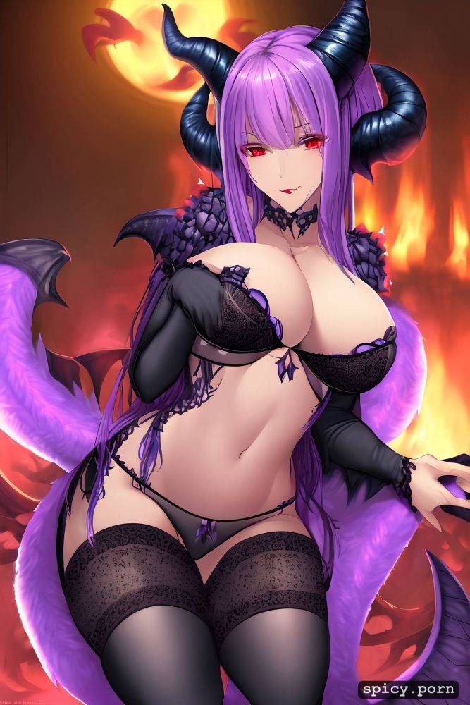 purple hair highres nice natural boobs black demonic tail - #main