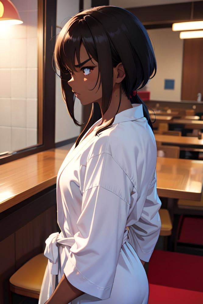 Anime Muscular Small Tits 60s Age Angry Face Brunette Messy Hair Style Dark Skin Crisp Anime Restaurant Side View On Back Bathrobe 3673569282897480165 - AI Hentai - #main