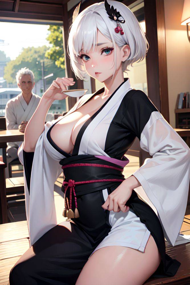 Anime Busty Small Tits 80s Age Pouting Lips Face White Hair Pixie Hair Style Light Skin Black And White Cafe Front View Working Out Kimono 3673658188721540829 - AI Hentai - #main