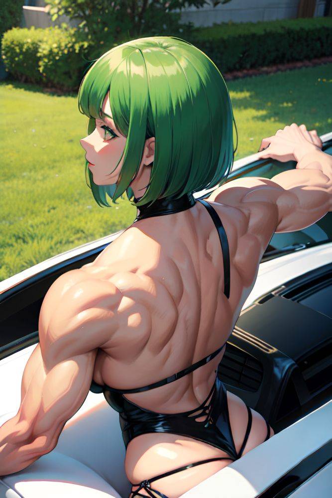 Anime Muscular Huge Boobs 80s Age Seductive Face Green Hair Bobcut Hair Style Light Skin Illustration Car Back View Plank Goth 3673696843427813747 - AI Hentai - #main