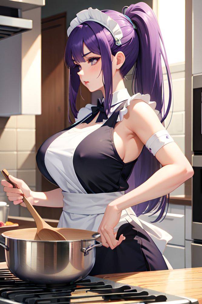 Anime Skinny Huge Boobs 20s Age Pouting Lips Face Purple Hair Straight Hair Style Light Skin Crisp Anime Kitchen Side View Cooking Maid 3674141372572592119 - AI Hentai - #main