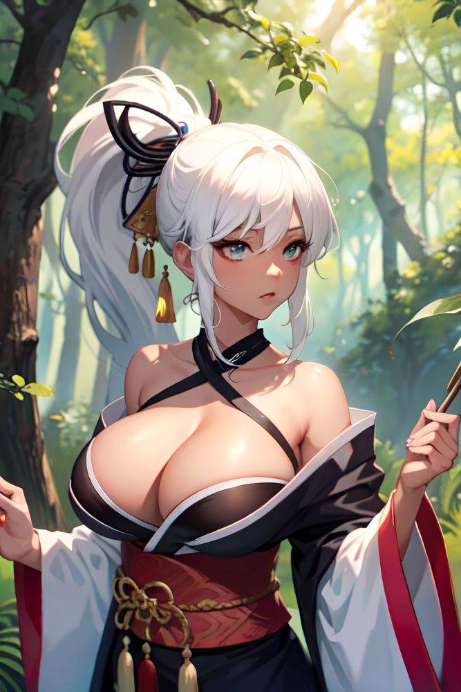 Anime Skinny Huge Boobs 20s Age Shocked Face White Hair Ponytail Hair Style Dark Skin Painting Forest Front View On Back Kimono 3674284394945180224 - AI Hentai - #main