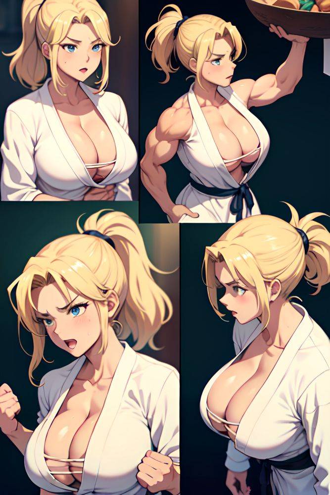 Anime Muscular Huge Boobs 40s Age Angry Face Blonde Ponytail Hair Style Light Skin Vintage Desert Side View Working Out Bathrobe 3674307587768874810 - AI Hentai - #main