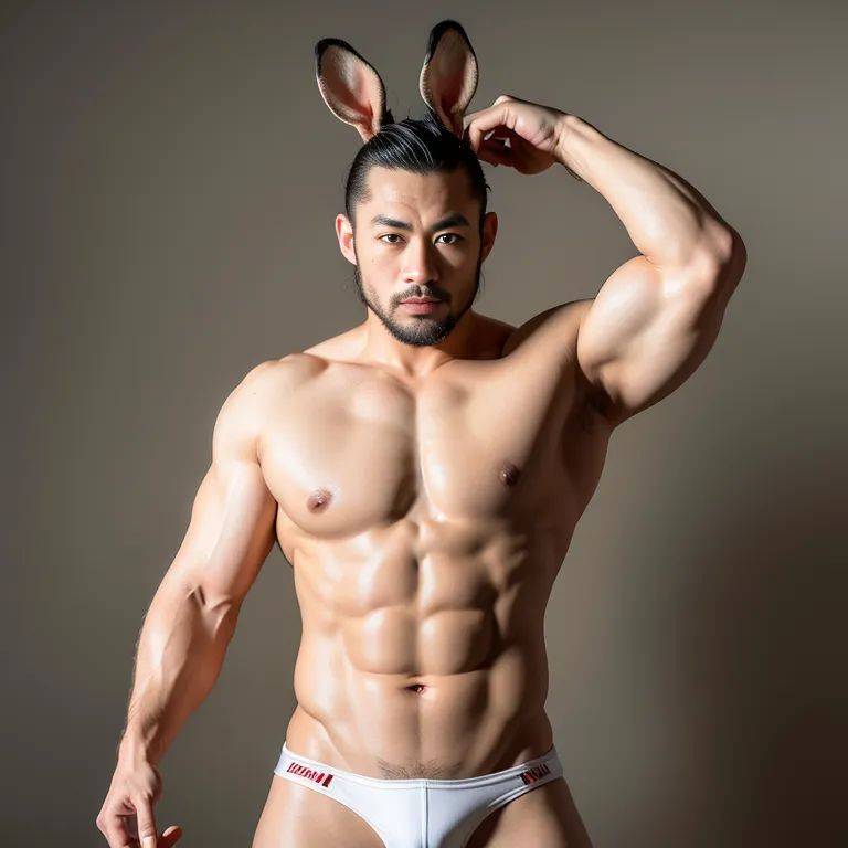 , japanese,manly man,twenties,(RAW photo, best quality, masterpiece:1.1), (realistic, photo-realistic:1.2), ultra-detailed, ultra high res, physically-based rendering,rabbit ears,(adult:1.5) - #main