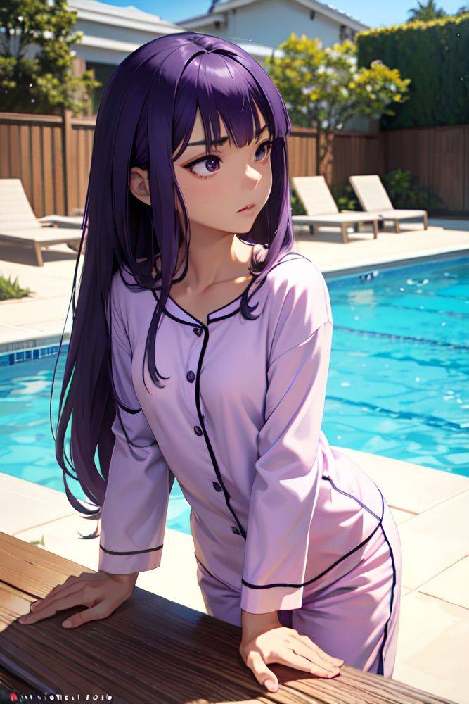 Anime Skinny Small Tits 40s Age Serious Face Purple Hair Bangs Hair Style Dark Skin Comic Pool Side View Eating Pajamas 3674326914674729689 - AI Hentai - #main