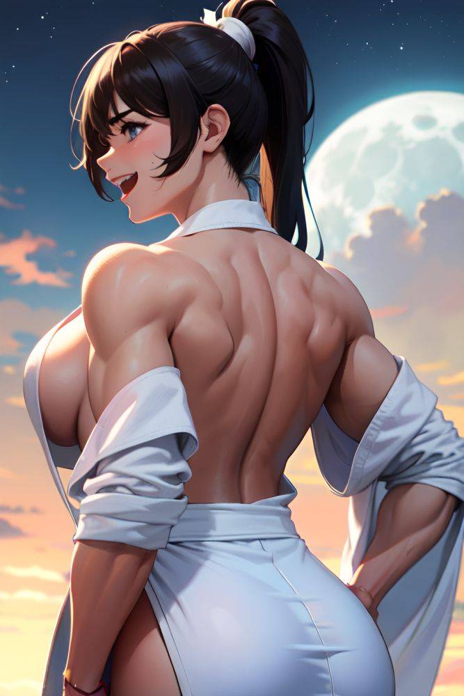 Anime Muscular Huge Boobs 18 Age Laughing Face Brunette Ponytail Hair Style Light Skin Charcoal Moon Back View On Back Bathrobe 3674566574299982443 - AI Hentai - #main
