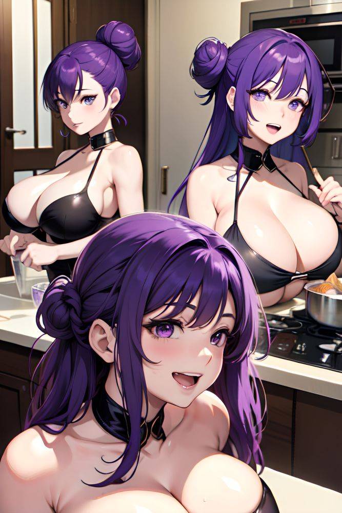 Anime Busty Huge Boobs 30s Age Laughing Face Purple Hair Hair Bun Hair Style Light Skin Comic Kitchen Close Up View Bathing Goth 3674612959483451566 - AI Hentai - #main
