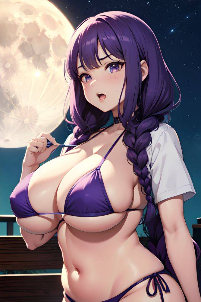 Anime Chubby Huge Boobs 70s Age Angry Face Purple Hair Braided Hair Style Light Skin Warm Anime Moon Front View Eating Bikini 3674690269383310360 - AI Hentai - #main