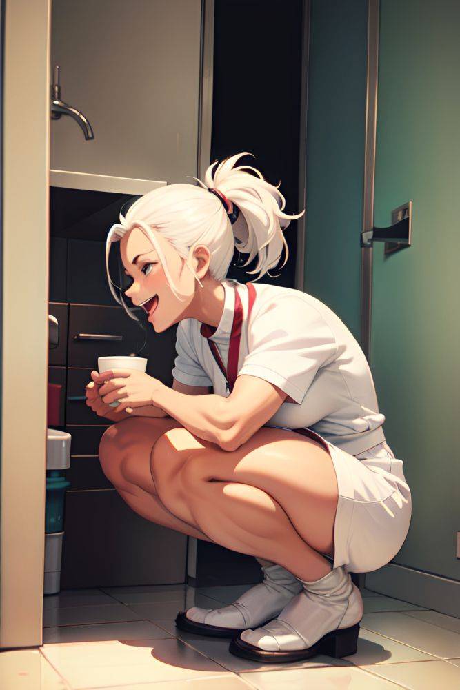 Anime Muscular Small Tits 20s Age Laughing Face White Hair Slicked Hair Style Dark Skin Watercolor Bathroom Side View Squatting Nurse 3674786906148554248 - AI Hentai - #main