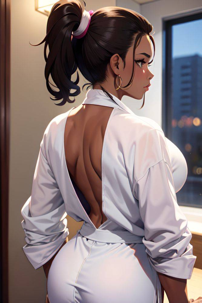 Anime Muscular Huge Boobs 20s Age Pouting Lips Face Brunette Ponytail Hair Style Dark Skin Watercolor Club Back View Working Out Bathrobe 3674918331661977421 - AI Hentai - #main