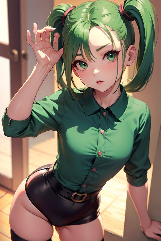 Anime Busty Small Tits 50s Age Seductive Face Green Hair Pigtails Hair Style Light Skin Film Photo Prison Front View T Pose Stockings 3675057489051475970 - AI Hentai - #main