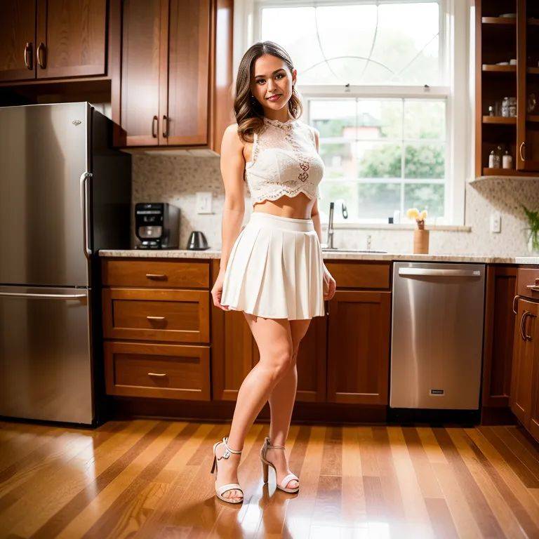 ,white people,woman,twenties,(RAW photo, best quality, masterpiece:1.1), (realistic, photo-realistic:1.2), ultra-detailed, ultra high res, physically-based rendering,beautiful,happy,perfect body,western clothing,micro skirt,standing,kitchen,(adult:1.5) - #main