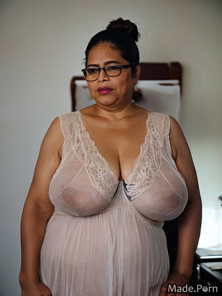 Standing 70 made hair bun glasses woman nightgown AI porn - #main