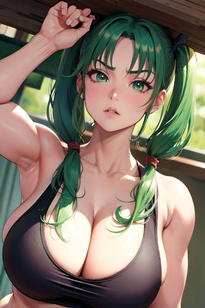 Anime Muscular Huge Boobs 70s Age Serious Face Green Hair Pigtails Hair Style Light Skin Warm Anime Cave Close Up View Working Out Teacher 3675320341093743754 - AI Hentai - #main