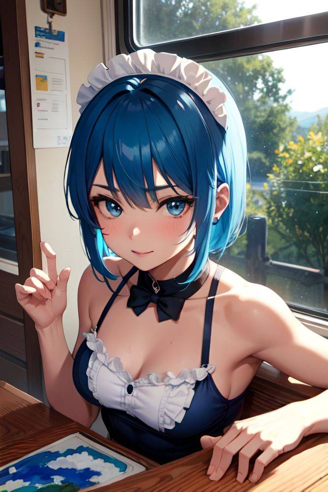 Anime Muscular Small Tits 20s Age Happy Face Blue Hair Bangs Hair Style Dark Skin Painting Train Close Up View Plank Maid 3675436305212425474 - AI Hentai - #main