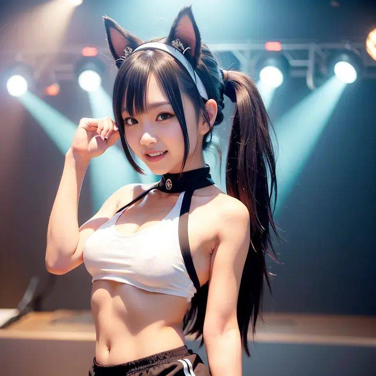 hkgirl, (kpop idol), ,woman,twenties,long hair,pony tail,black hair,bangs,beautiful,(grin:1.2),normal breasts,muscular,abs,cat ears,(cat ears headband, fake animal ears),(cat ears headband, fake animal ears),short - #main