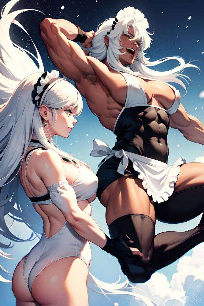 Anime Muscular Huge Boobs 70s Age Laughing Face White Hair Straight Hair Style Dark Skin Black And White Snow Back View Jumping Maid 3675482690372227348 - AI Hentai - #main