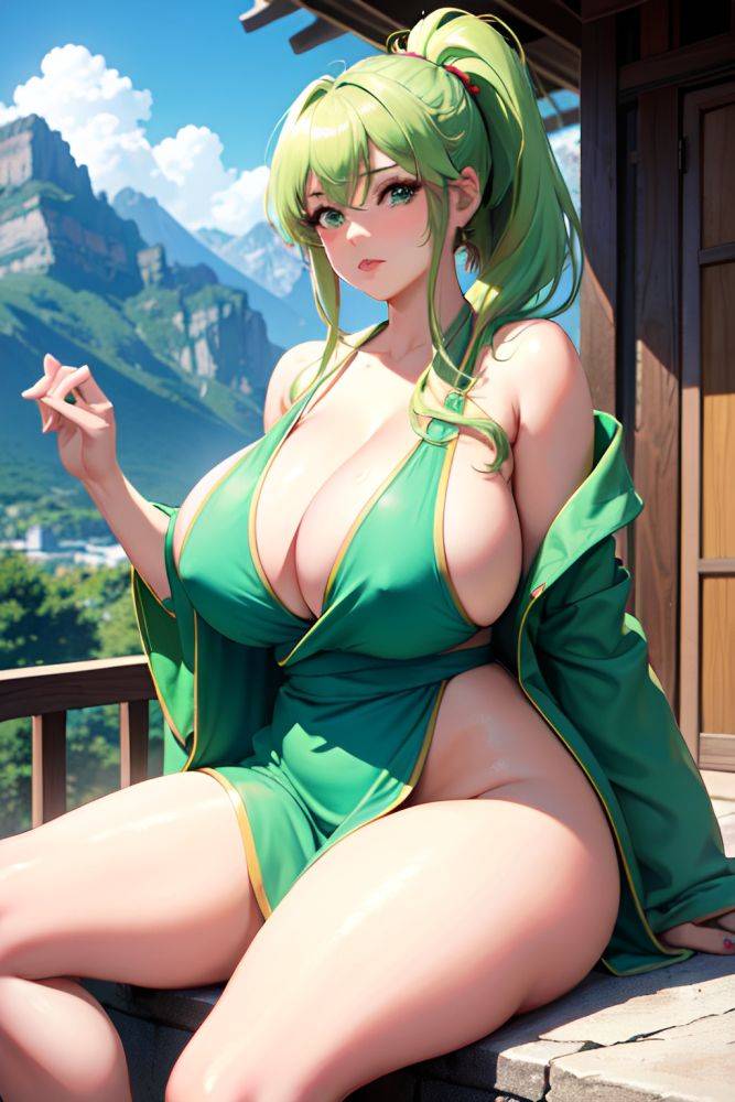 Anime Busty Huge Boobs 70s Age Pouting Lips Face Green Hair Ponytail Hair Style Light Skin Soft + Warm Mountains Front View Yoga Bathrobe 3675536807408038572 - AI Hentai - #main