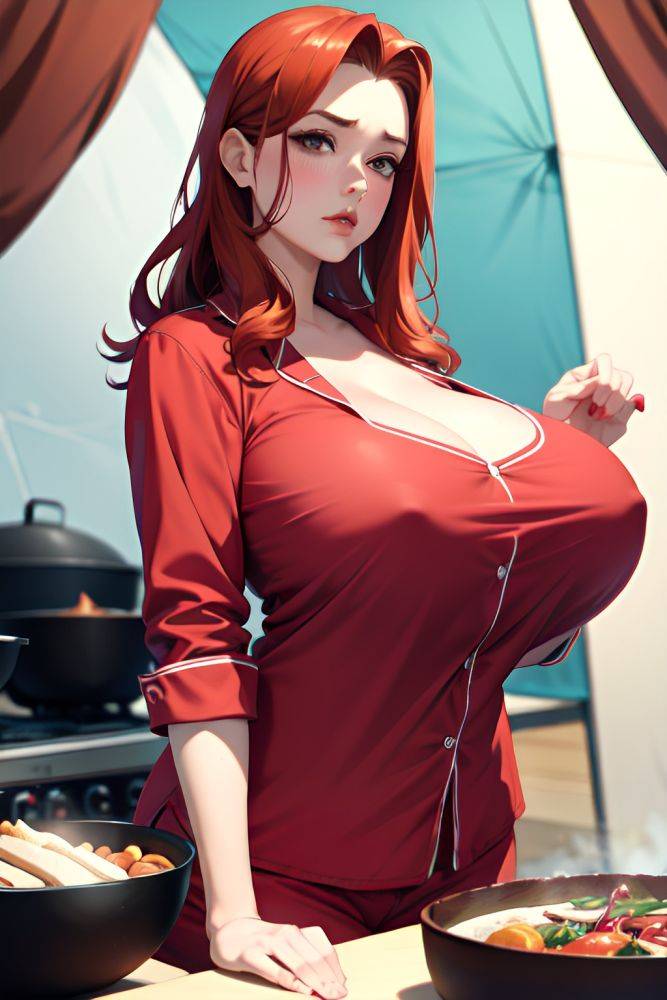 Anime Busty Huge Boobs 40s Age Pouting Lips Face Ginger Slicked Hair Style Light Skin Dark Fantasy Tent Close Up View Cooking Pajamas 3675552269330886009 - AI Hentai - #main