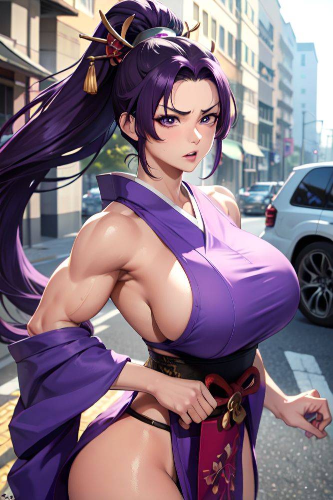 Anime Muscular Huge Boobs 40s Age Angry Face Purple Hair Ponytail Hair Style Light Skin Painting Street Close Up View Working Out Geisha 3675722350037928393 - AI Hentai - #main