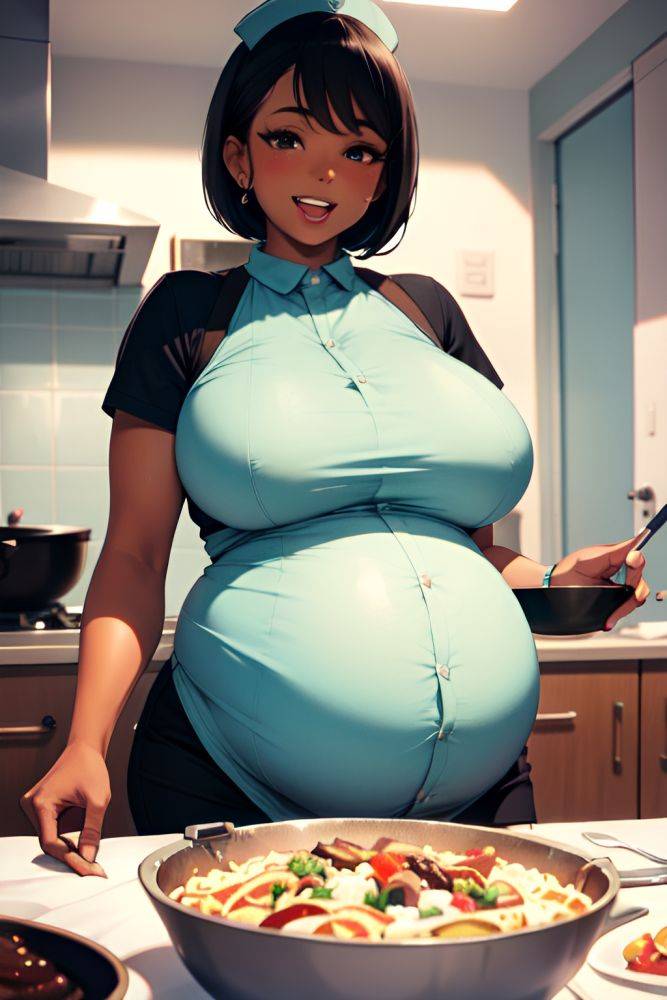 Anime Pregnant Huge Boobs 60s Age Laughing Face Black Hair Pixie Hair Style Dark Skin Vintage Stage Front View Cooking Nurse 3675768735197922412 - AI Hentai - #main