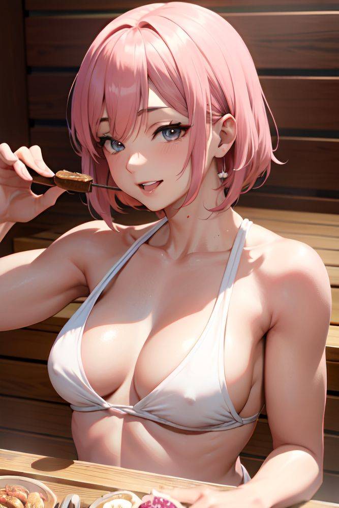 Anime Muscular Small Tits 30s Age Happy Face Pink Hair Bangs Hair Style Dark Skin Soft Anime Sauna Close Up View Eating Kimono 3675772601139263285 - AI Hentai - #main