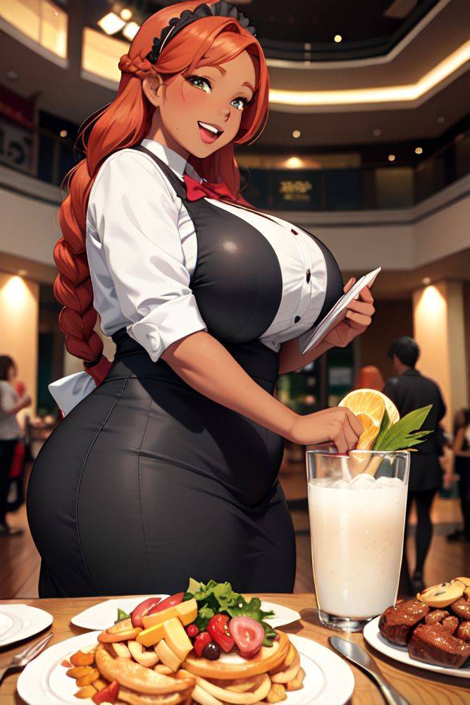 Anime Chubby Huge Boobs 40s Age Laughing Face Ginger Braided Hair Style Dark Skin Charcoal Mall Front View Eating Maid 3675981336064962382 - AI Hentai - #main