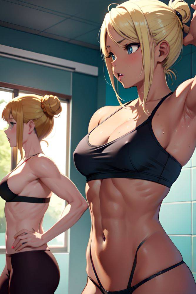 Anime Muscular Small Tits 18 Age Shocked Face Blonde Hair Bun Hair Style Dark Skin Vintage Shower Side View Yoga Bra 3676058645964659817 - AI Hentai - #main