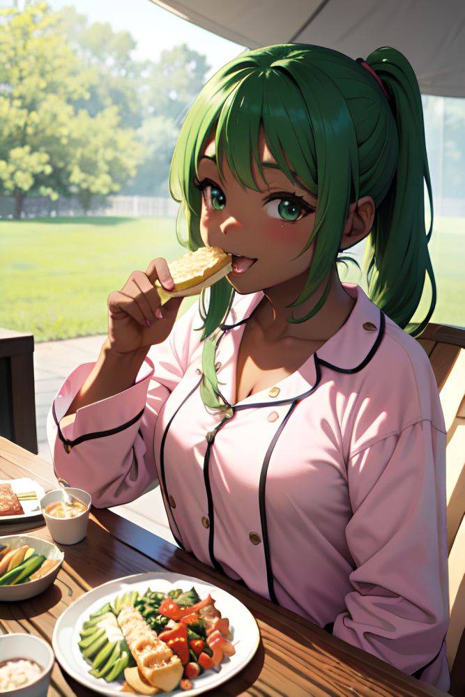 Anime Chubby Small Tits 40s Age Happy Face Green Hair Ponytail Hair Style Dark Skin Soft Anime Tent Front View Eating Pajamas 3676267381377912215 - AI Hentai - #main