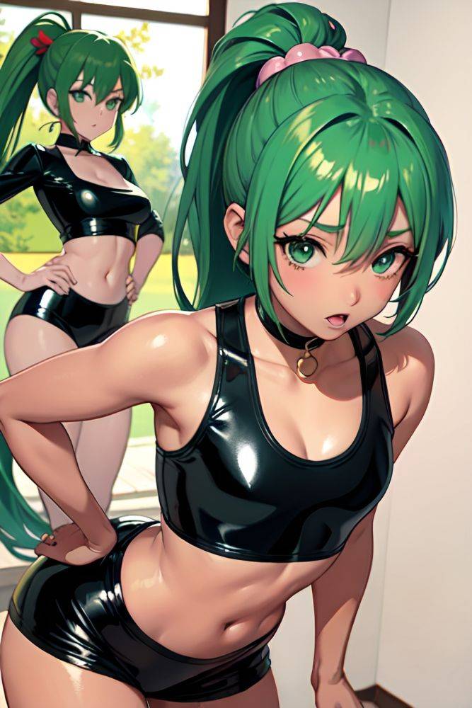 Anime Busty Small Tits 60s Age Shocked Face Green Hair Ponytail Hair Style Dark Skin Crisp Anime Oasis Close Up View Bending Over Latex 3676325363397020478 - AI Hentai - #main