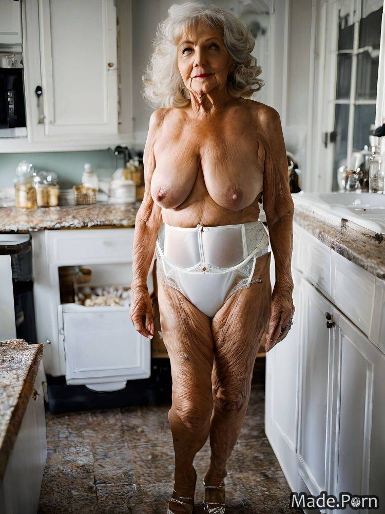 Woman long hair lingerie standing kitchen white hair big tits AI porn - #main