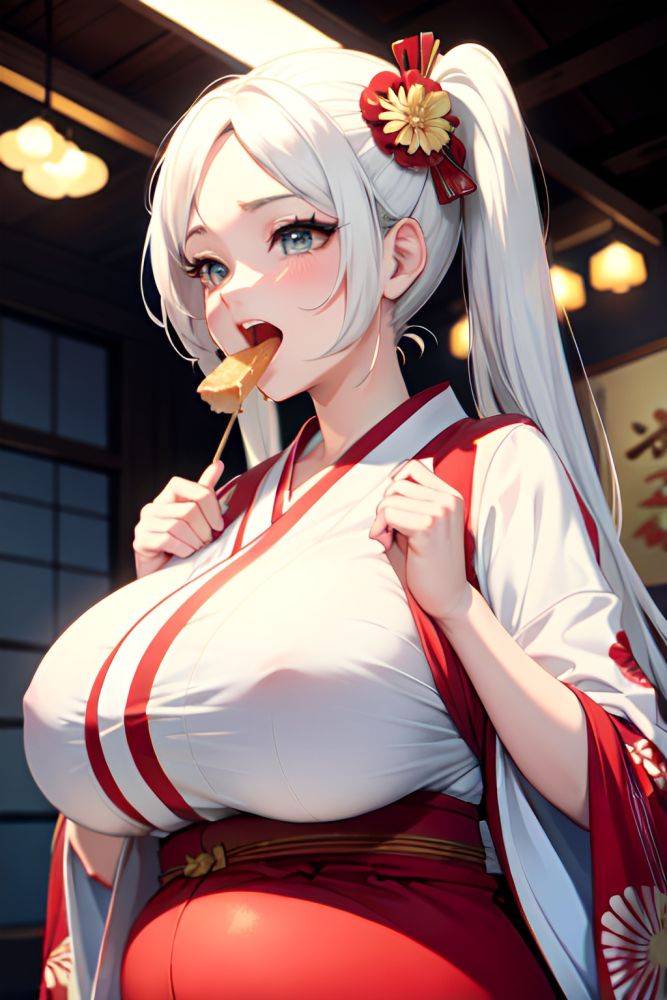 Anime Pregnant Huge Boobs 30s Age Laughing Face White Hair Pigtails Hair Style Light Skin Vintage Stage Close Up View Eating Kimono 3671222942314576557 - AI Hentai - #main