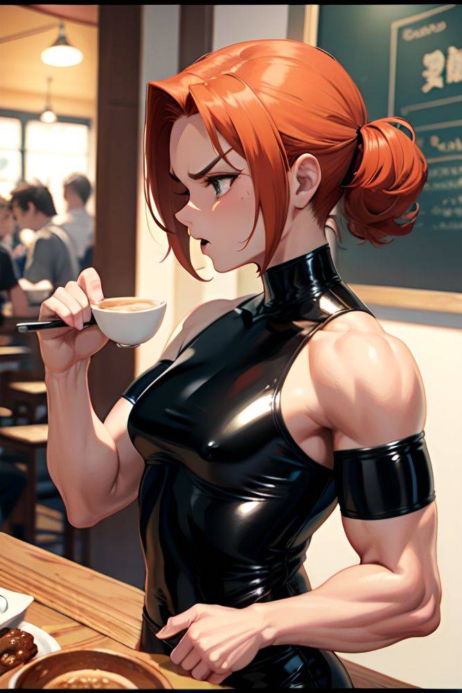 Anime Muscular Small Tits 50s Age Angry Face Ginger Pixie Hair Style Dark Skin Comic Cafe Side View Eating Latex 3671659740477366502 - AI Hentai - #main