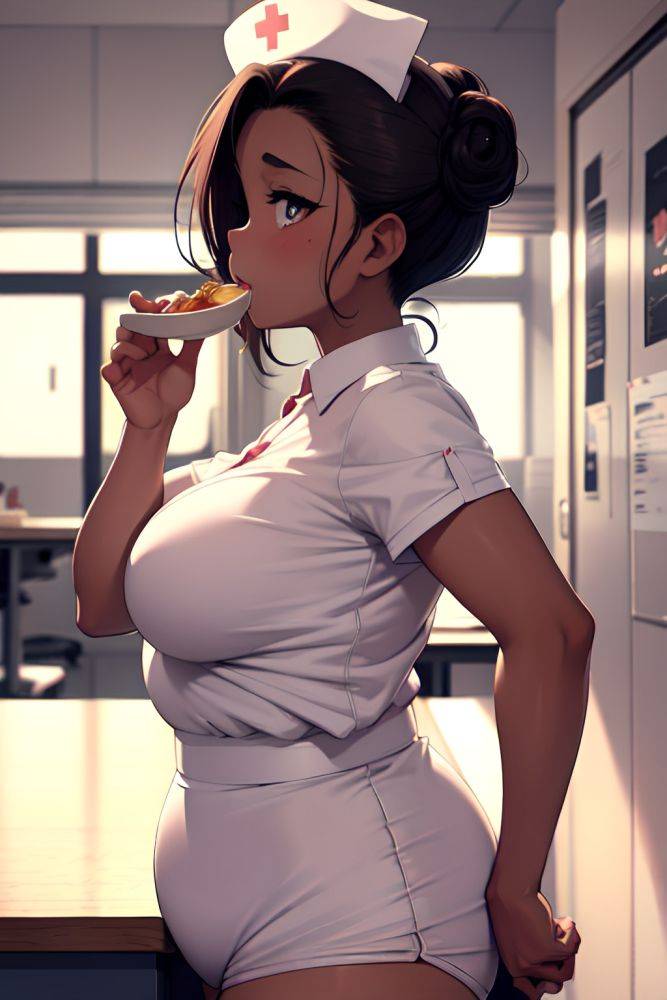 Anime Chubby Small Tits 20s Age Sad Face Ginger Slicked Hair Style Dark Skin Soft + Warm Office Side View Eating Nurse 3671675199817254802 - AI Hentai - #main