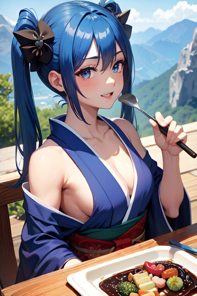 Anime Muscular Small Tits 40s Age Happy Face Blue Hair Pigtails Hair Style Dark Skin Dark Fantasy Mountains Close Up View Cooking Kimono 3671748645824199460 - AI Hentai - #main