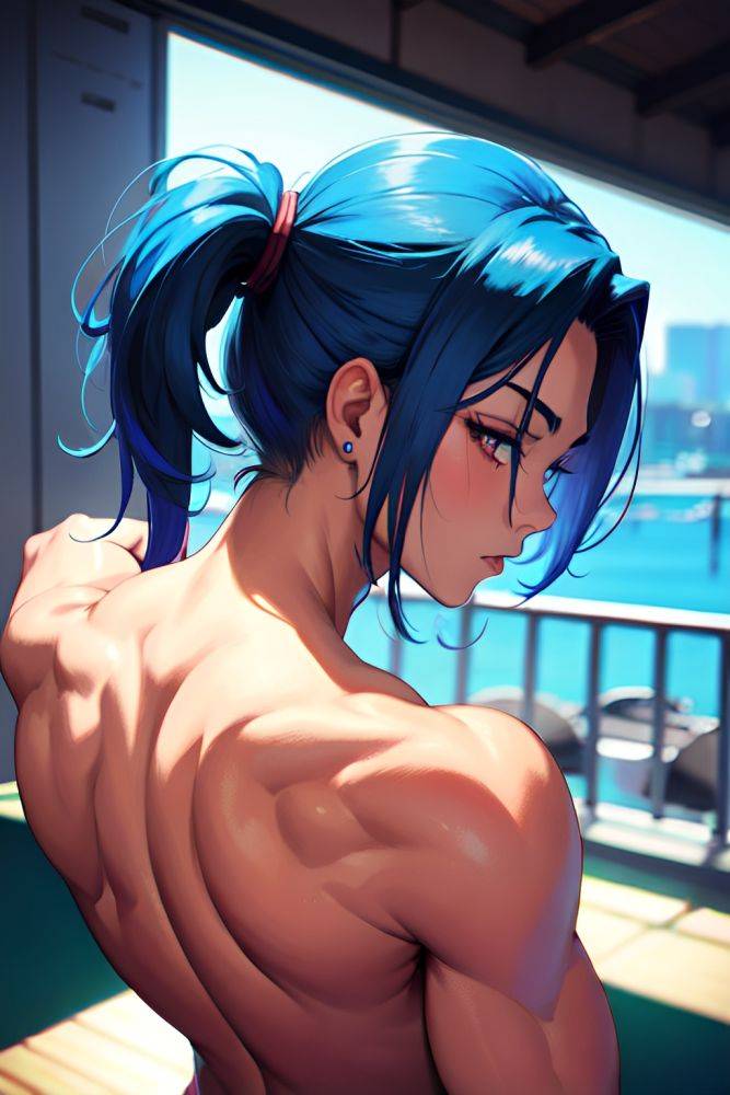 Anime Muscular Small Tits 80s Age Shocked Face Blue Hair Slicked Hair Style Dark Skin Cyberpunk Casino Back View Yoga Latex 3671891668236851948 - AI Hentai - #main