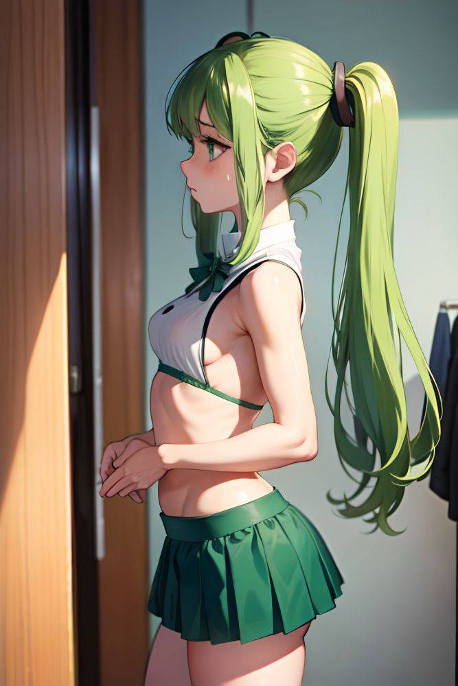 Anime Skinny Small Tits 70s Age Sad Face Green Hair Pigtails Hair Style Light Skin Dark Fantasy Changing Room Side View T Pose Mini Skirt 3671918726531055137 - AI Hentai - #main