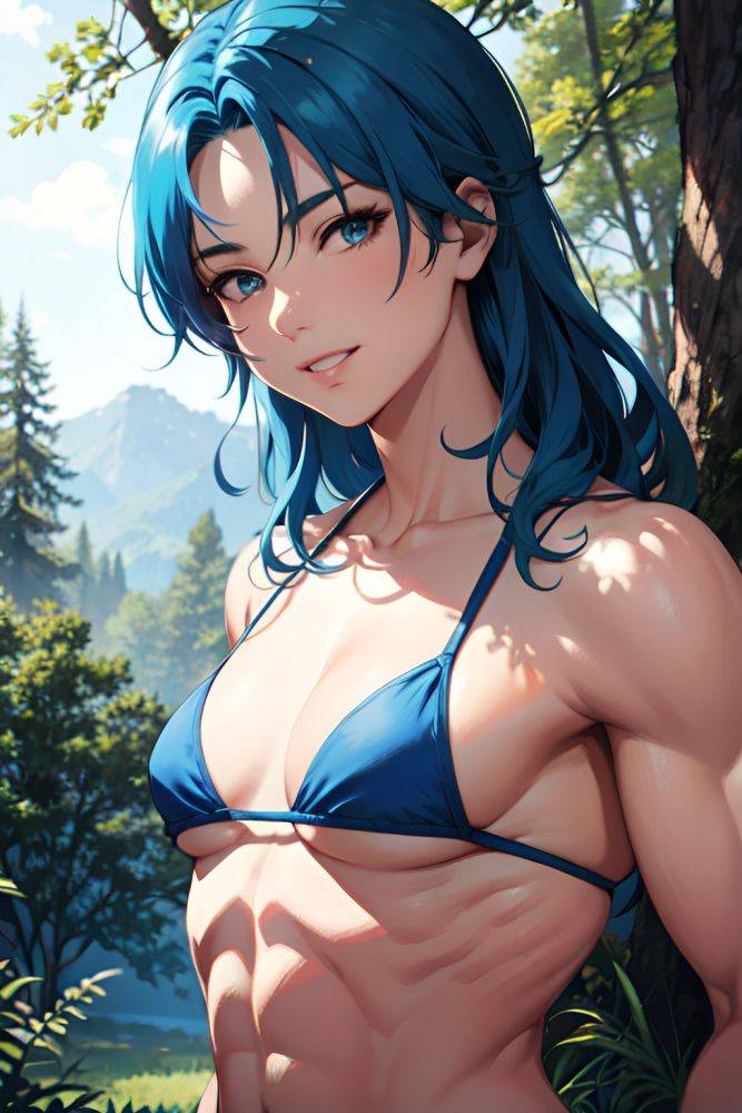 Anime Muscular Small Tits 70s Age Happy Face Blue Hair Messy Hair Style Light Skin Illustration Forest Close Up View Working Out Bikini 3672150654750876390 - AI Hentai - #main