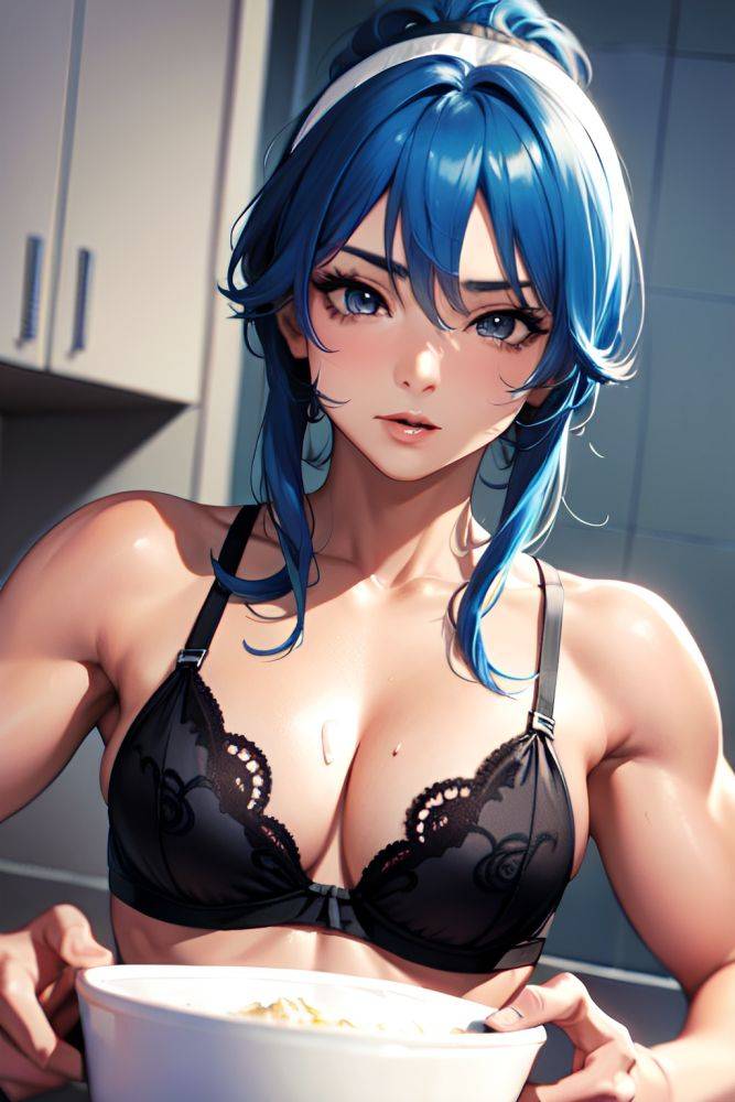 Anime Muscular Small Tits 70s Age Seductive Face Blue Hair Messy Hair Style Light Skin Black And White Bathroom Close Up View Cooking Lingerie 3676456788950796265 - AI Hentai - #main